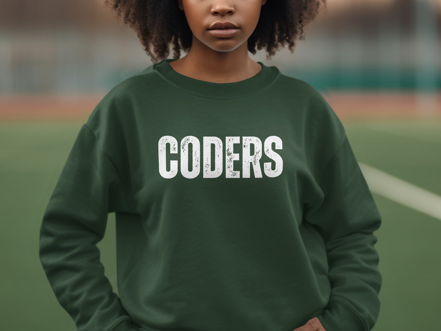 Stylish Dark Green CODERS Graphic Sweatshirt for Women