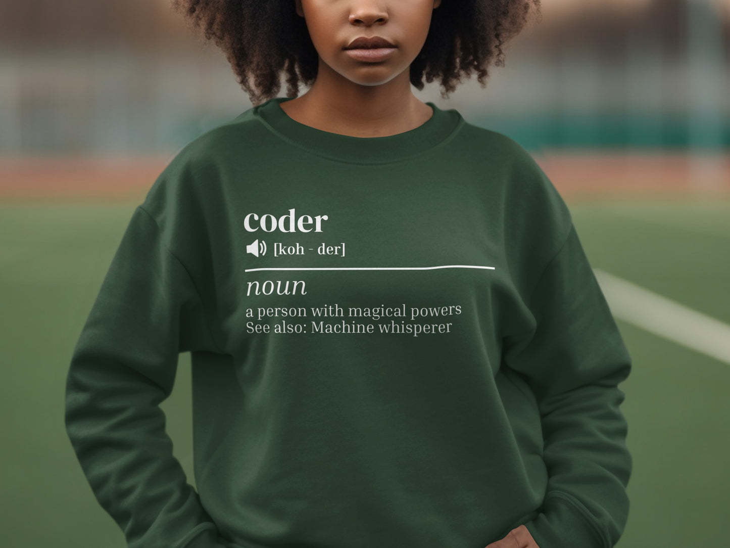 Green Sweater with Coder Definition for Tech Lovers