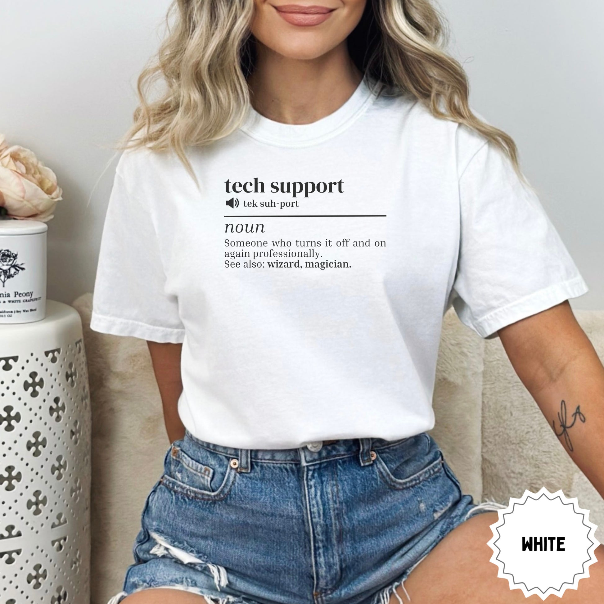 White t-shirt with "tech support" definition in black text.