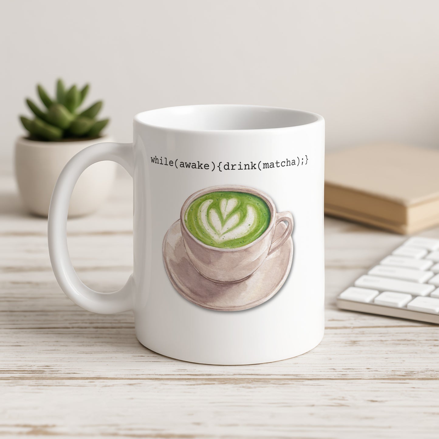 'while(awake){drink(matcha);} White Coffee Mug'