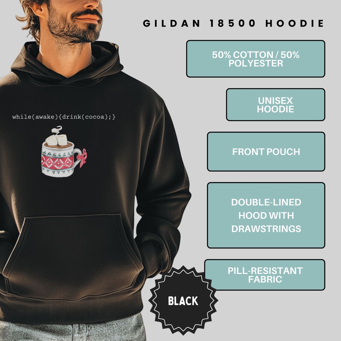 Cozy Unisex Hoodie with Cocoa Mug Design and Front Pouch