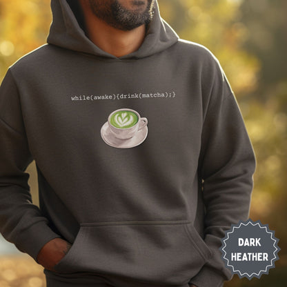 While Awake Drink Matcha Funny Dark Heather Hoodie