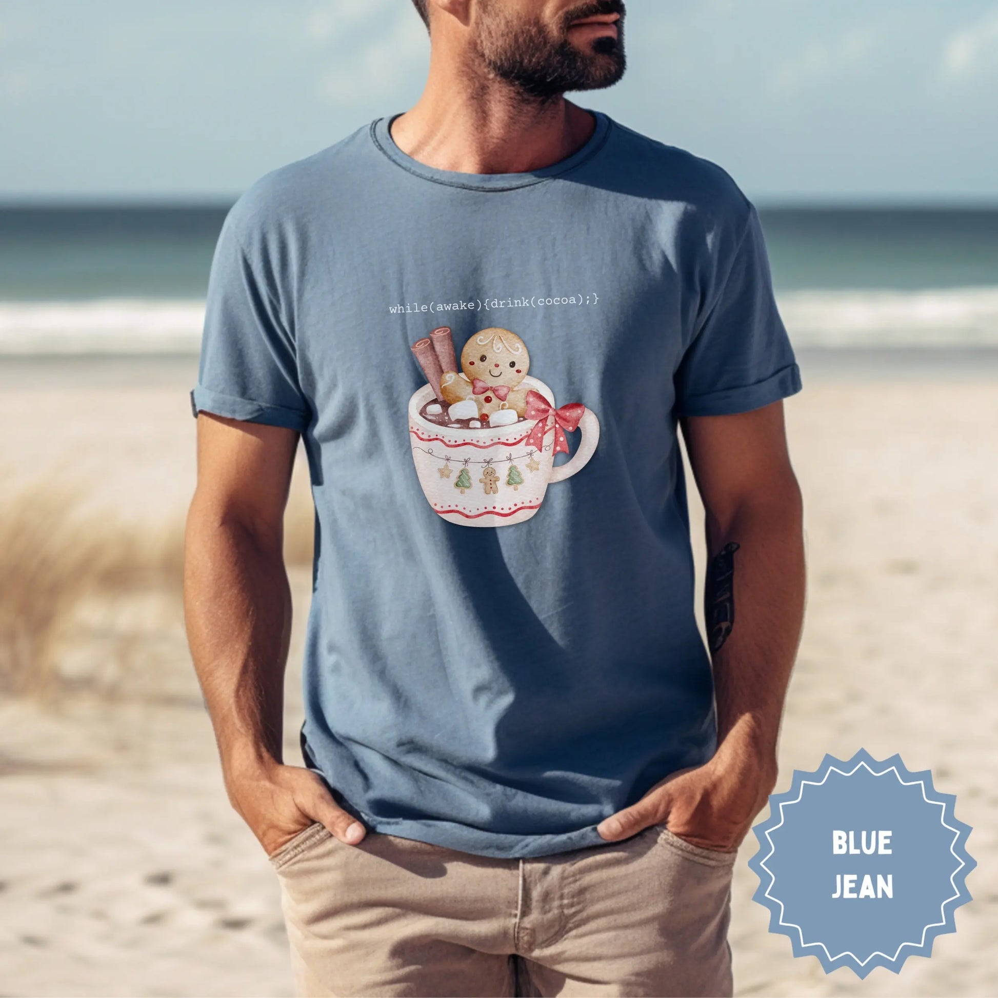 Festive Gingerbread Cocoa Graphic Blue Jean T-Shirt