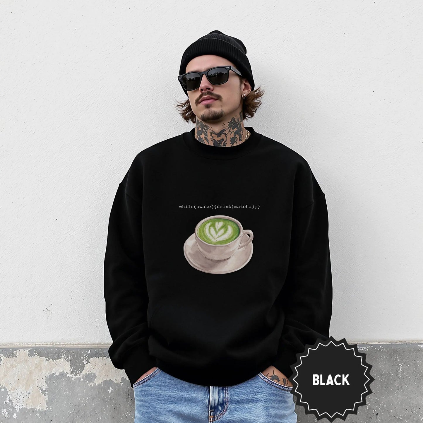 Stylish Black Sweatshirt with Matcha Cup Design