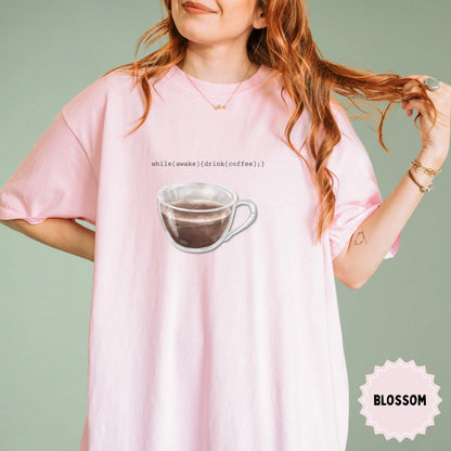 Pink Shirt with while awake drink coffee Text Print
