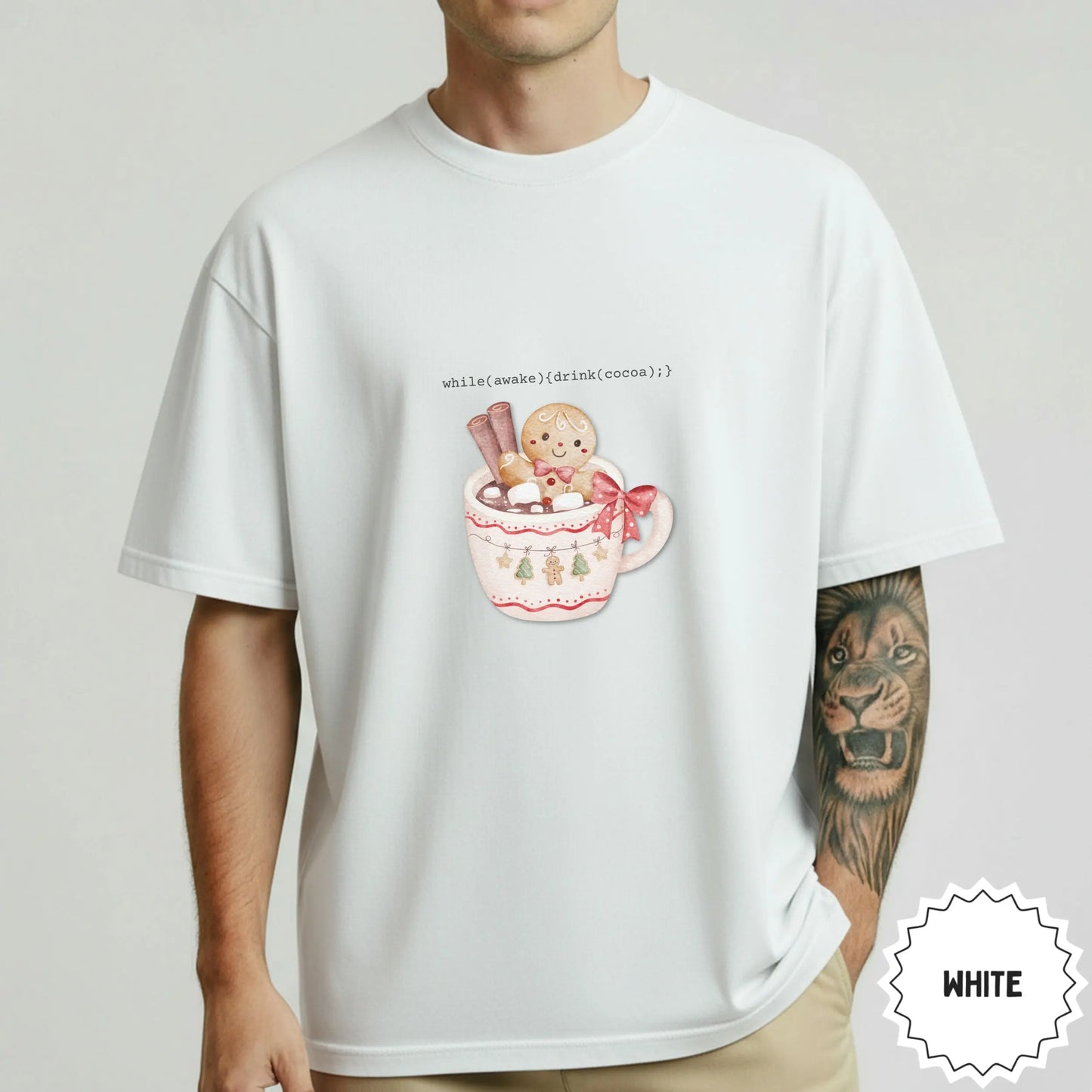 Cute White Shirt with Hot Cocoa and Gingerbread Design