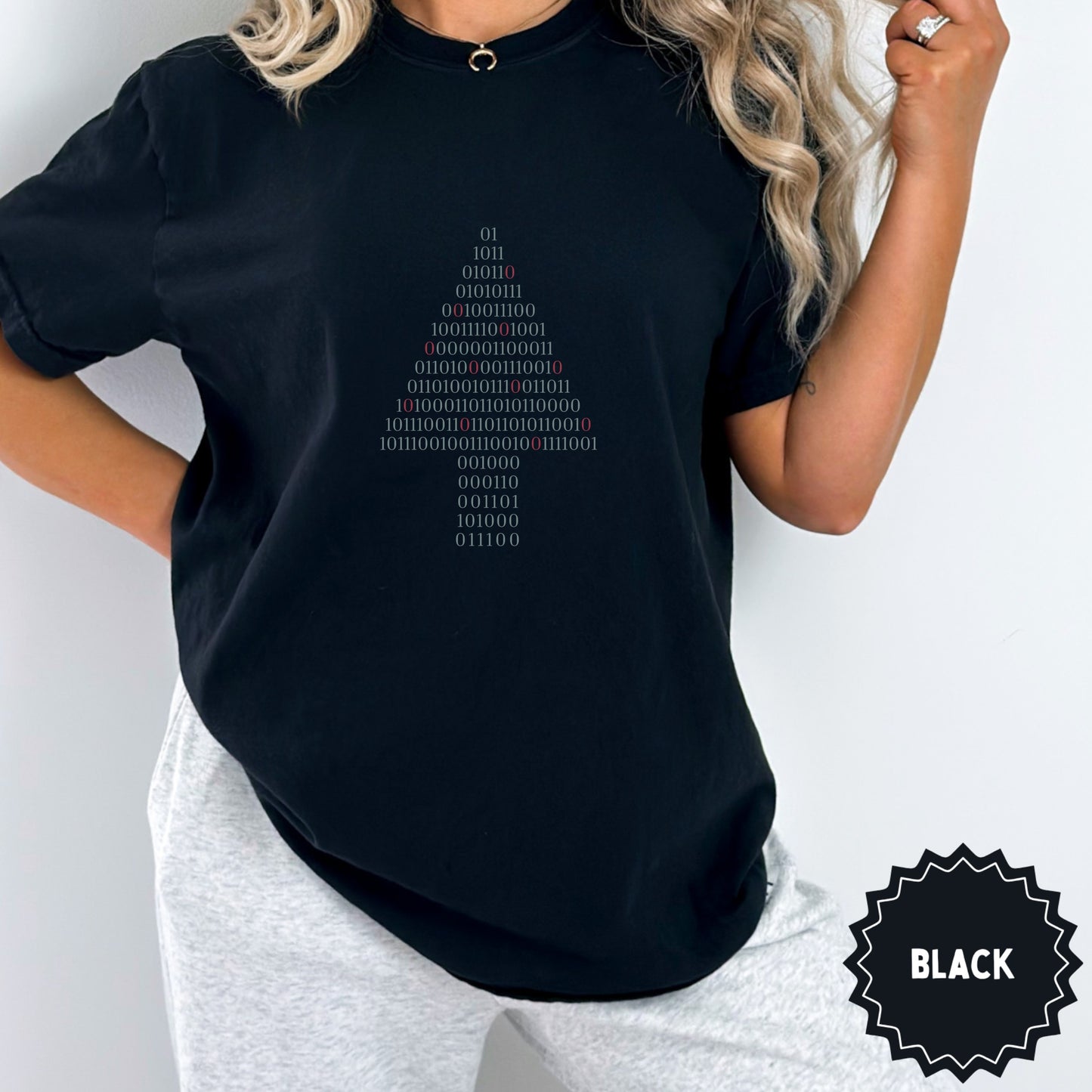 Binary Code Christmas Tree Design Black Shirt