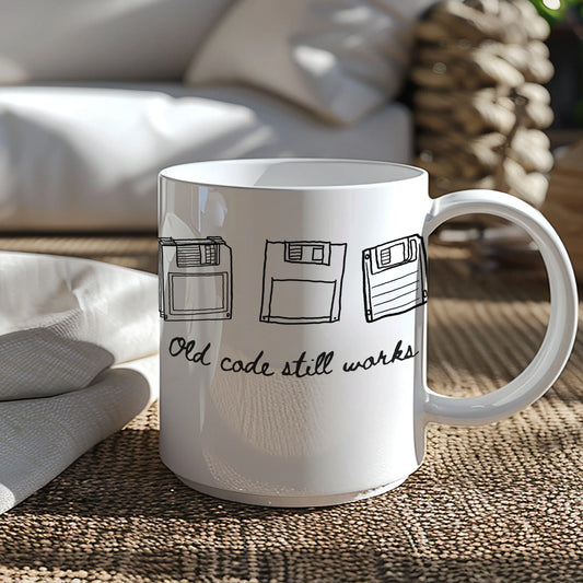 Old Code Still Works Mug with Floppy Disk Design