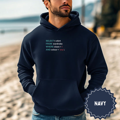 Funny SELECT Statement Design on Navy Hooded Sweatshirt