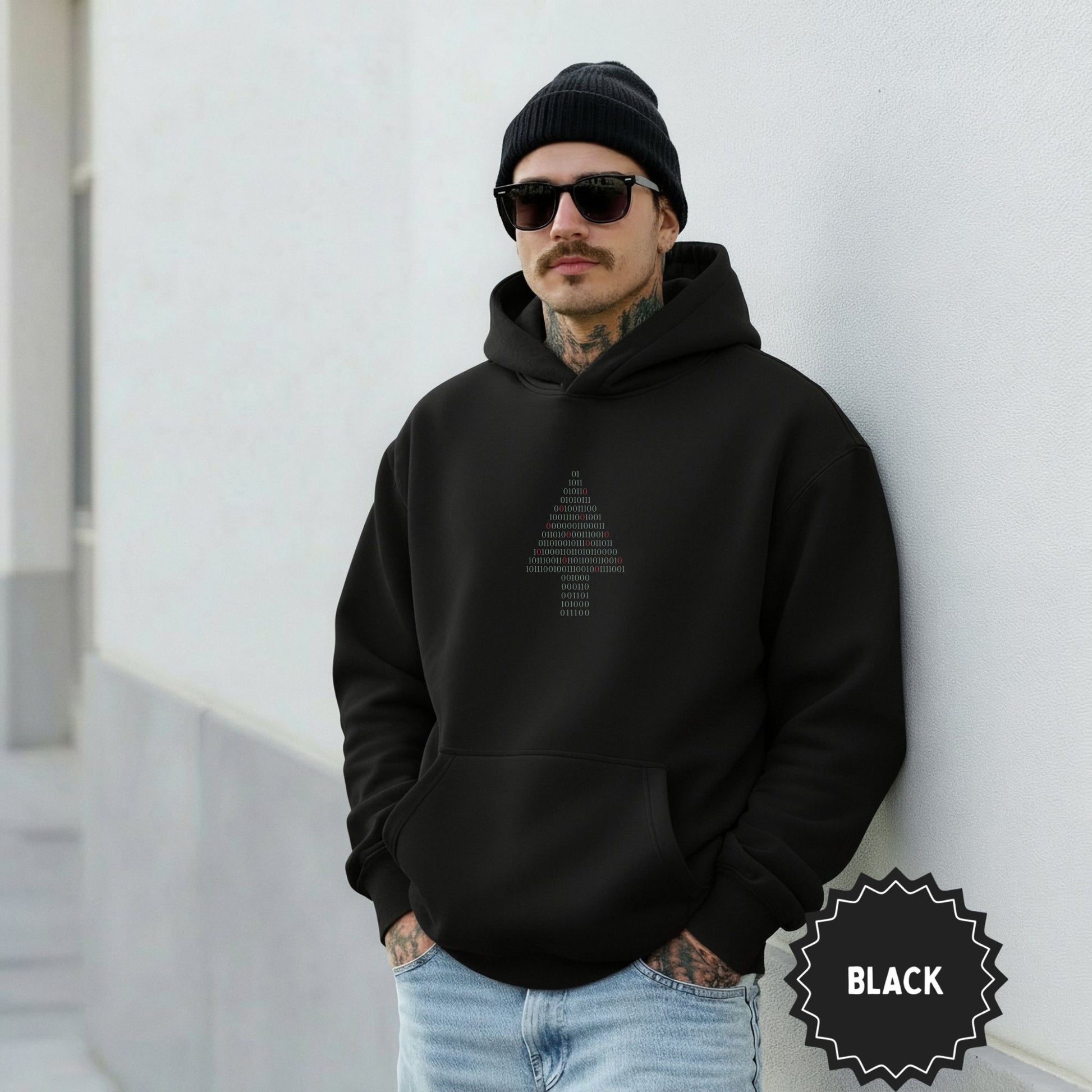 Men's Black Hoodie with Custom Binary Code Design