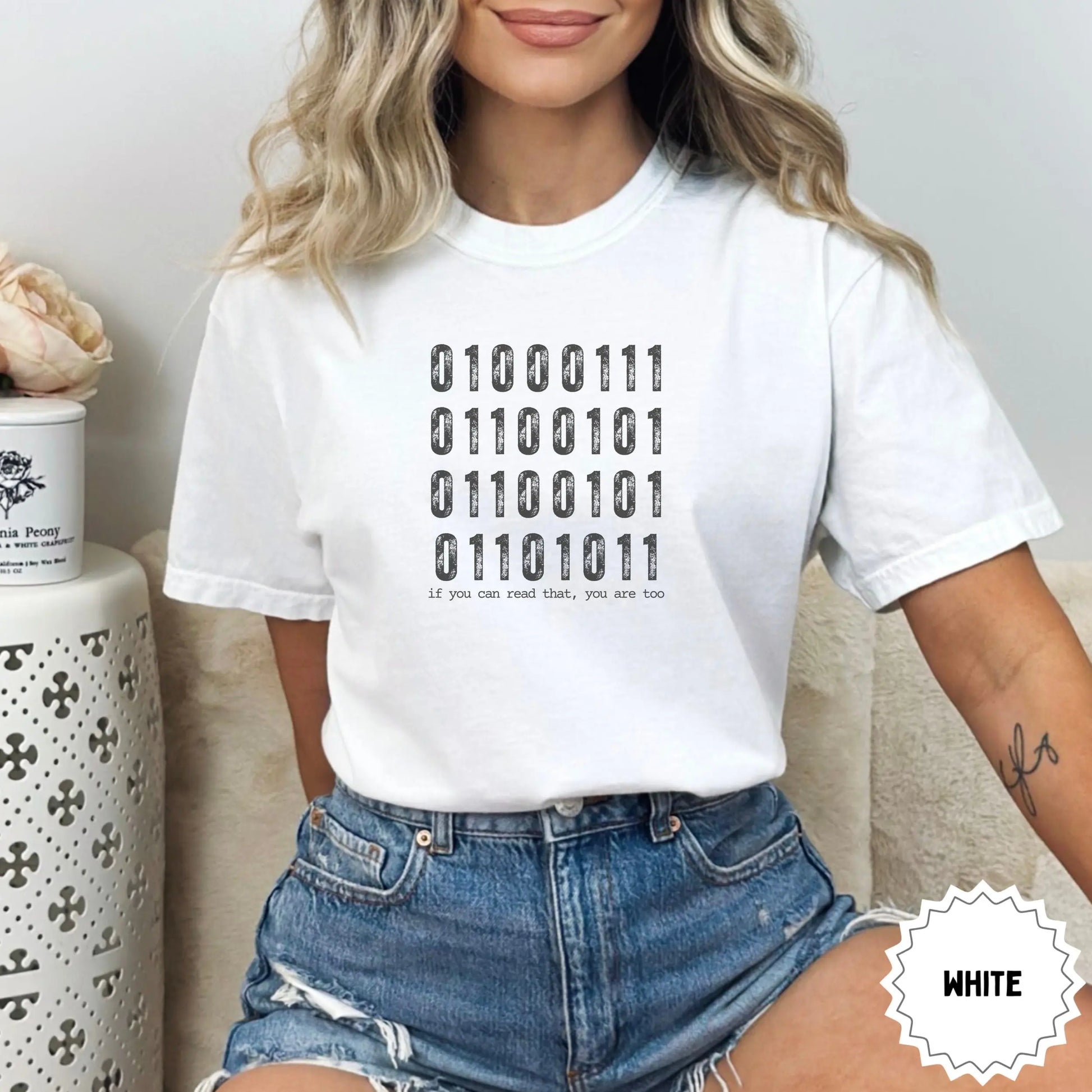 Binary Code Graphic Tee White T-shirt Casual Wear