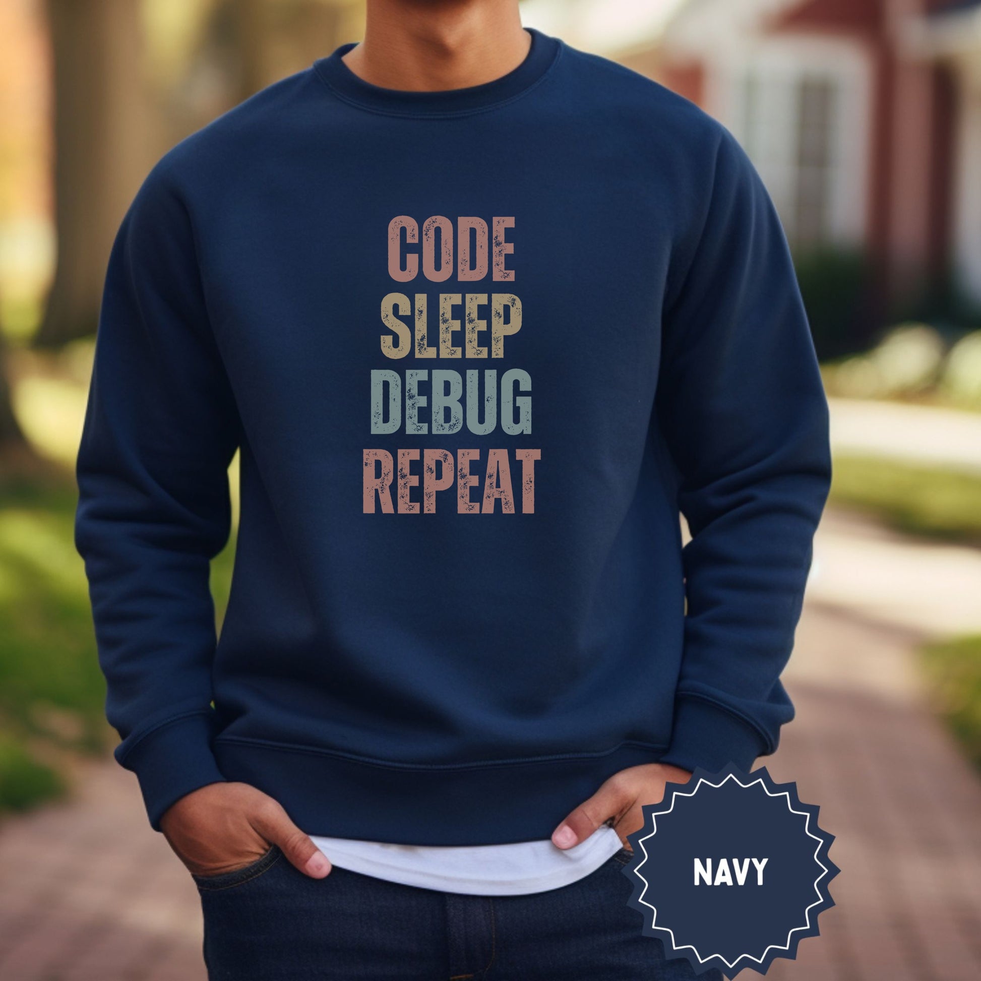 Code Sleep Debug Repeat Text Navy Sweatshirt