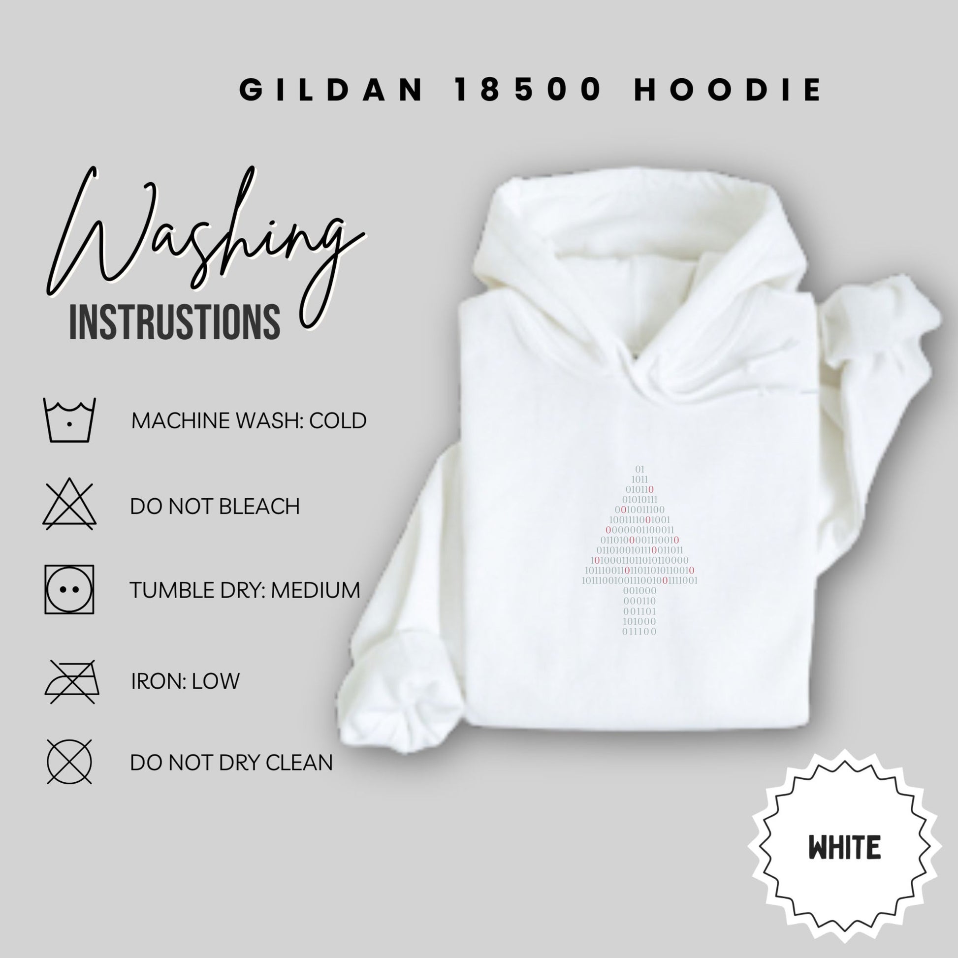 Gildan 18500 White Hoodie with Washing Instructions