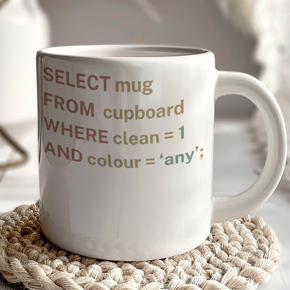 SELECT Mug FROM Cupboard WHERE Clean 1 Funny Mug