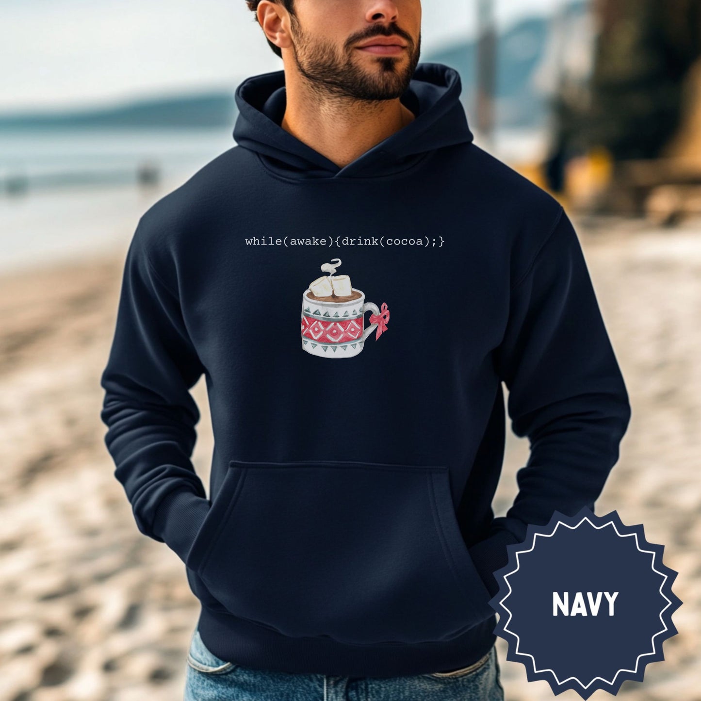 Navy Hoodie with Hot Cocoa Mug and Code Design