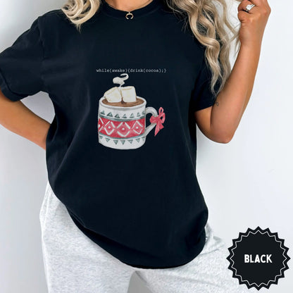 Black hot cocoa while awake winter design shirt