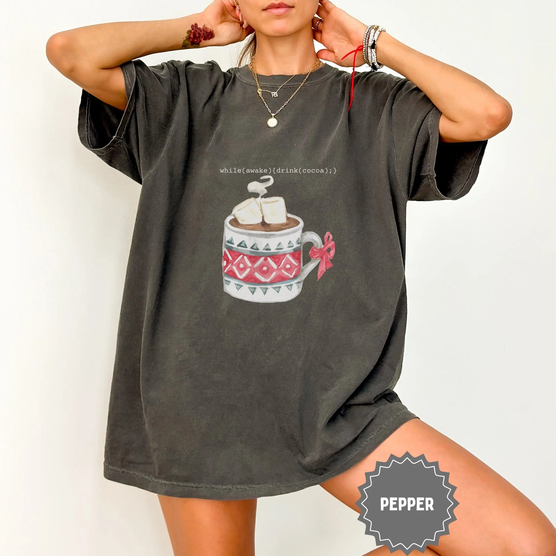 Cocoa Drink and Pattern Print Casual T-Shirt