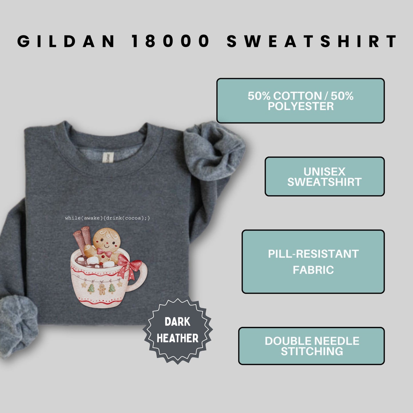 Gildan 18000 Dark Heather Unisex Sweatshirt with Cocoa Design