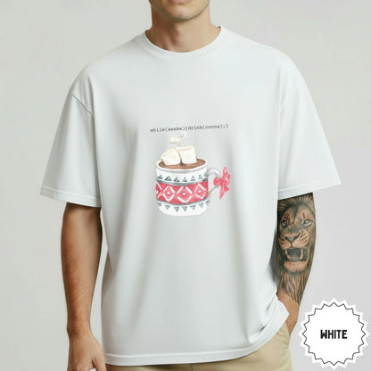 White T-Shirt with Cocoa Mug and Code Graphic