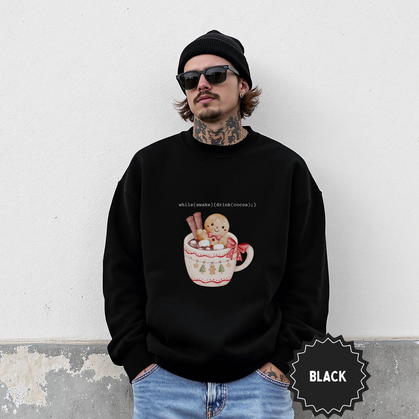 Black Sweatshirt with Festive Cup Graphic and Text Design