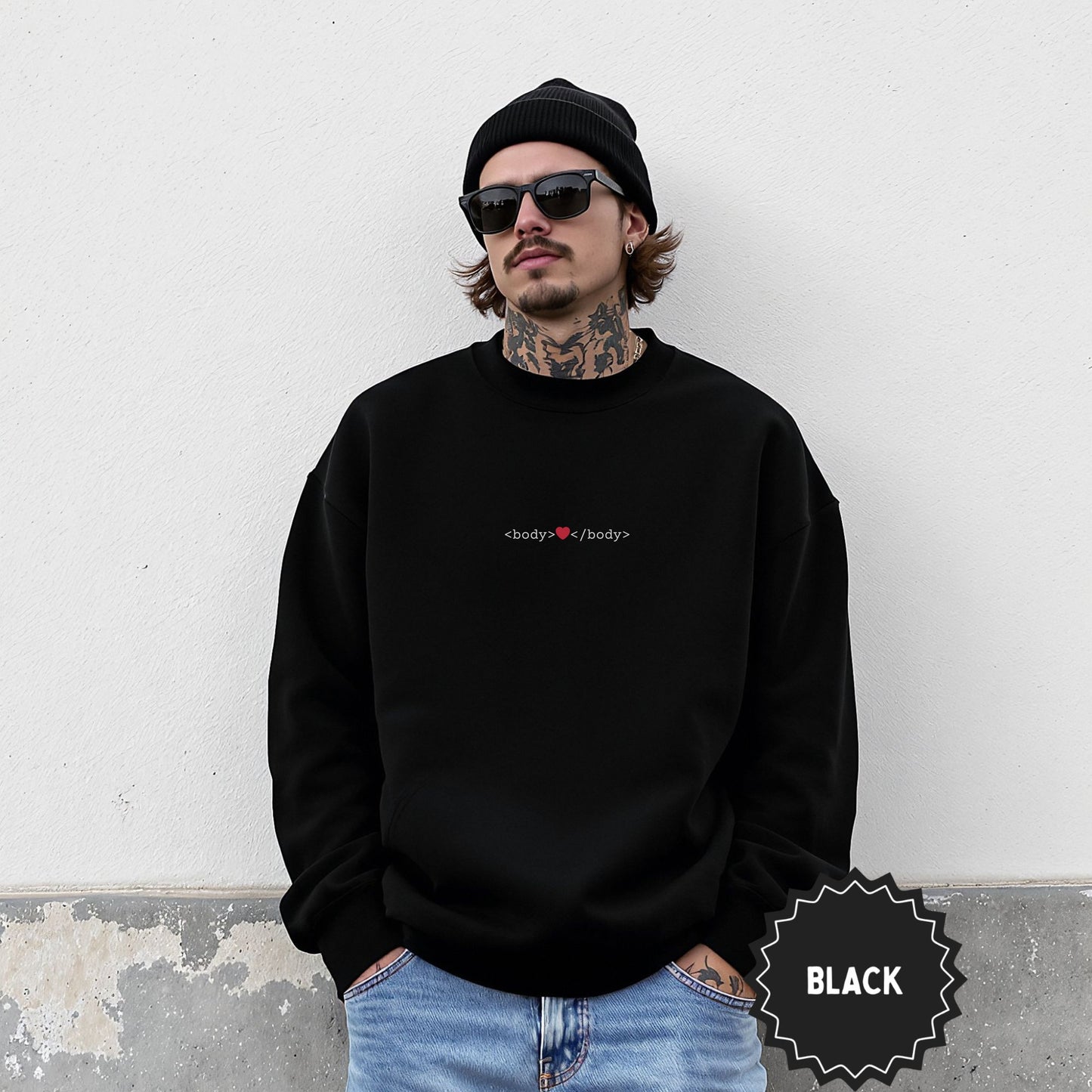 Black Unisex Sweatshirt with Geeky Body Heart Design