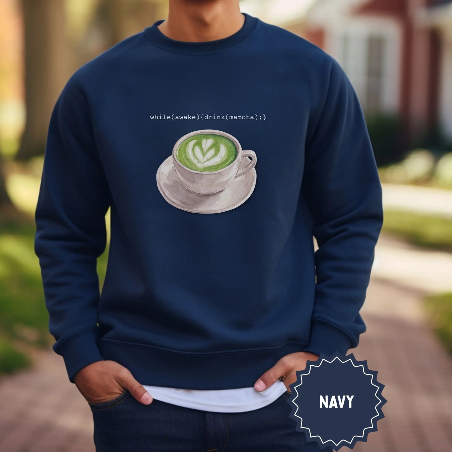 While Awake Drink Matcha Code Graphic Navy Sweatshirt