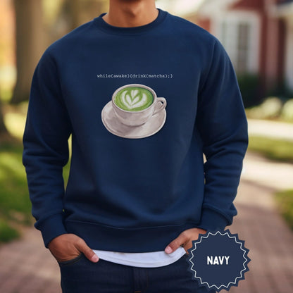 While Awake Drink Matcha Code Graphic Navy Sweatshirt