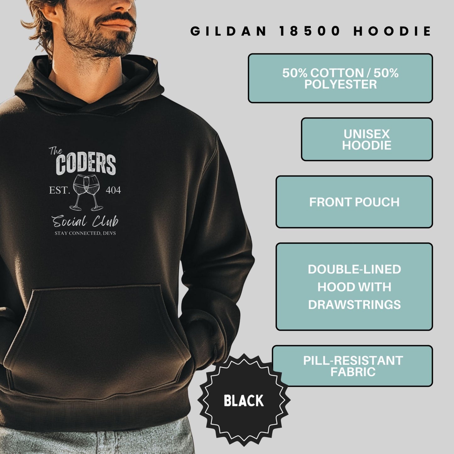 Gildan 18500 Black Hoodie Coders Social Club Design