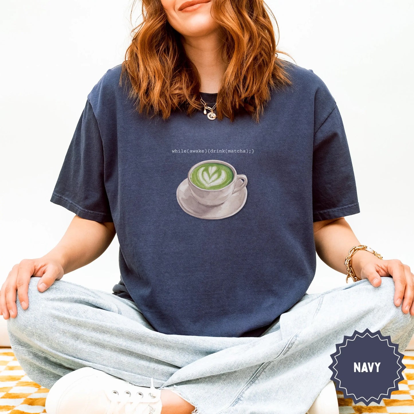 Navy T-shirt with Matcha Latte and Code Print Design