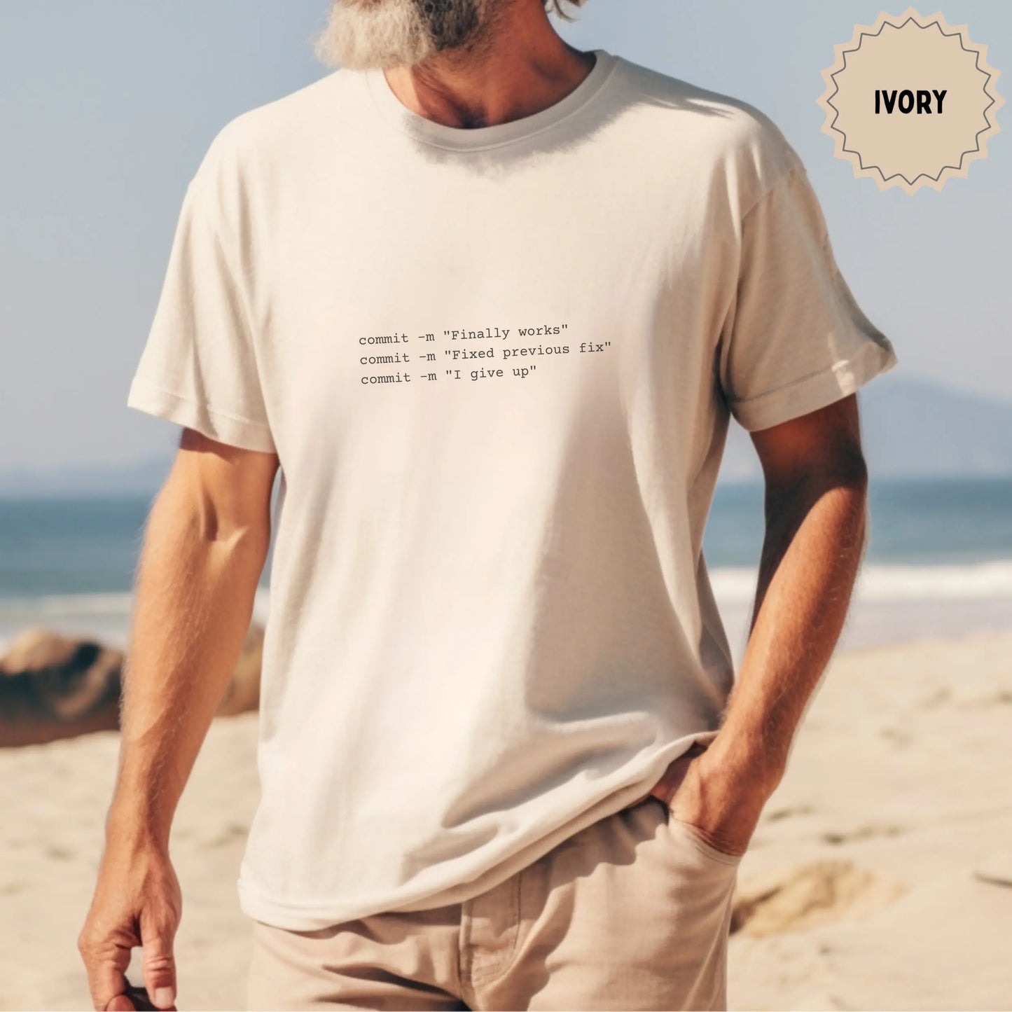 Ivory T-shirt with Humorous Commit Messages Design