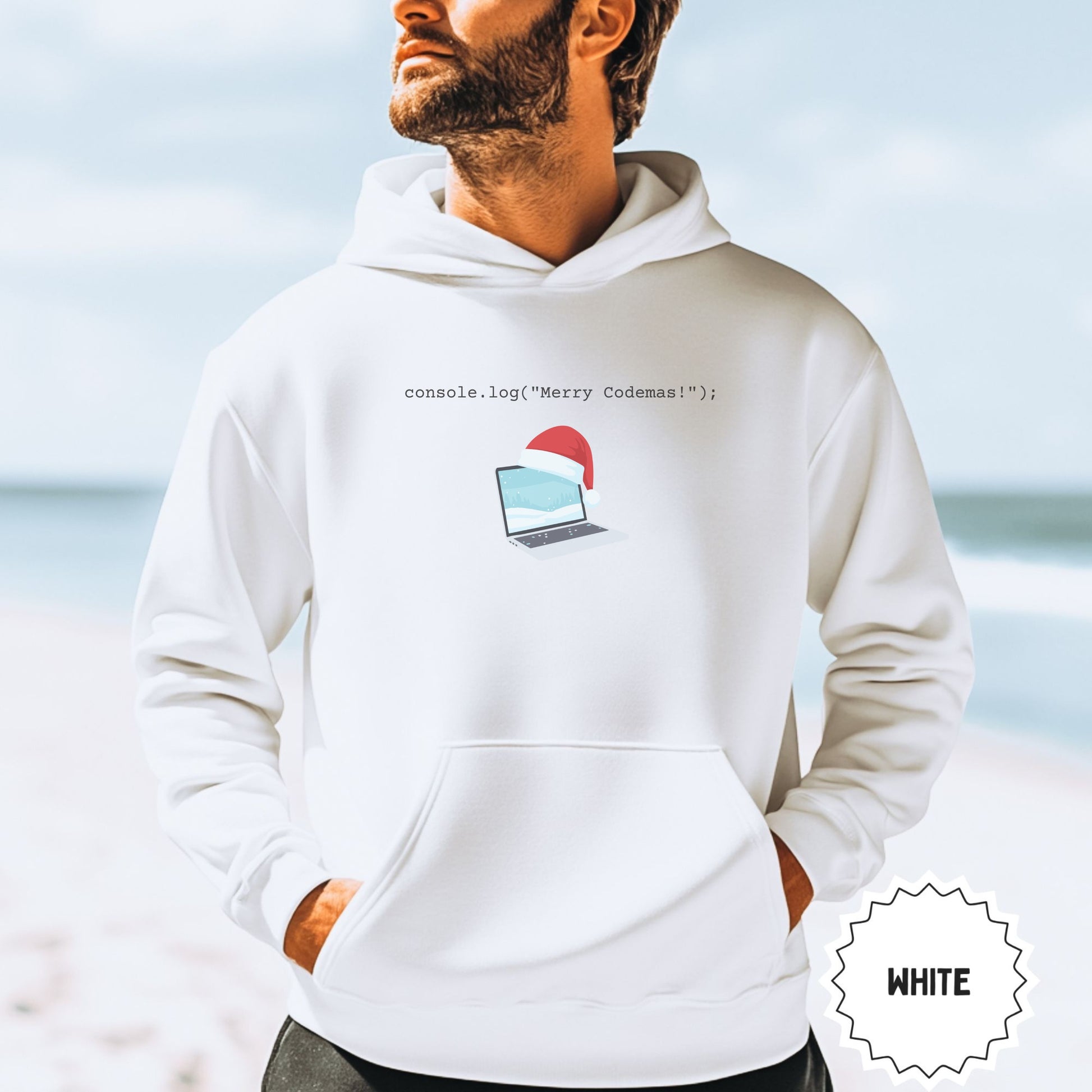 console.log('Merry Codemas!') White Hoodie Product