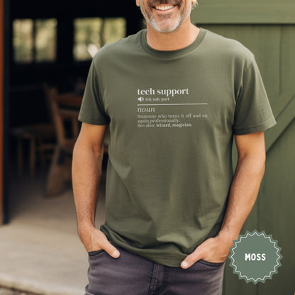 Olive green t-shirt with "tech support" definition in white text.