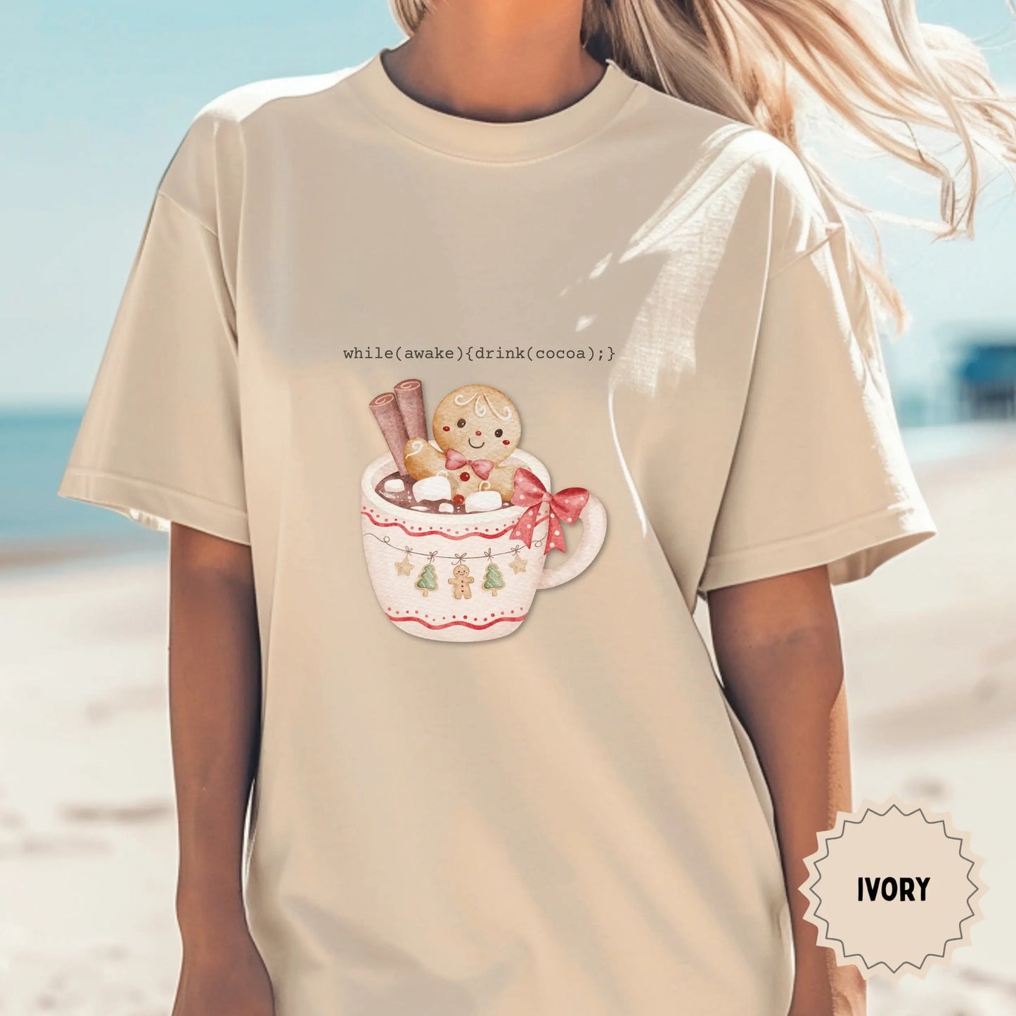 Ivory T-shirt with Cute Mug and Gingerbread Design