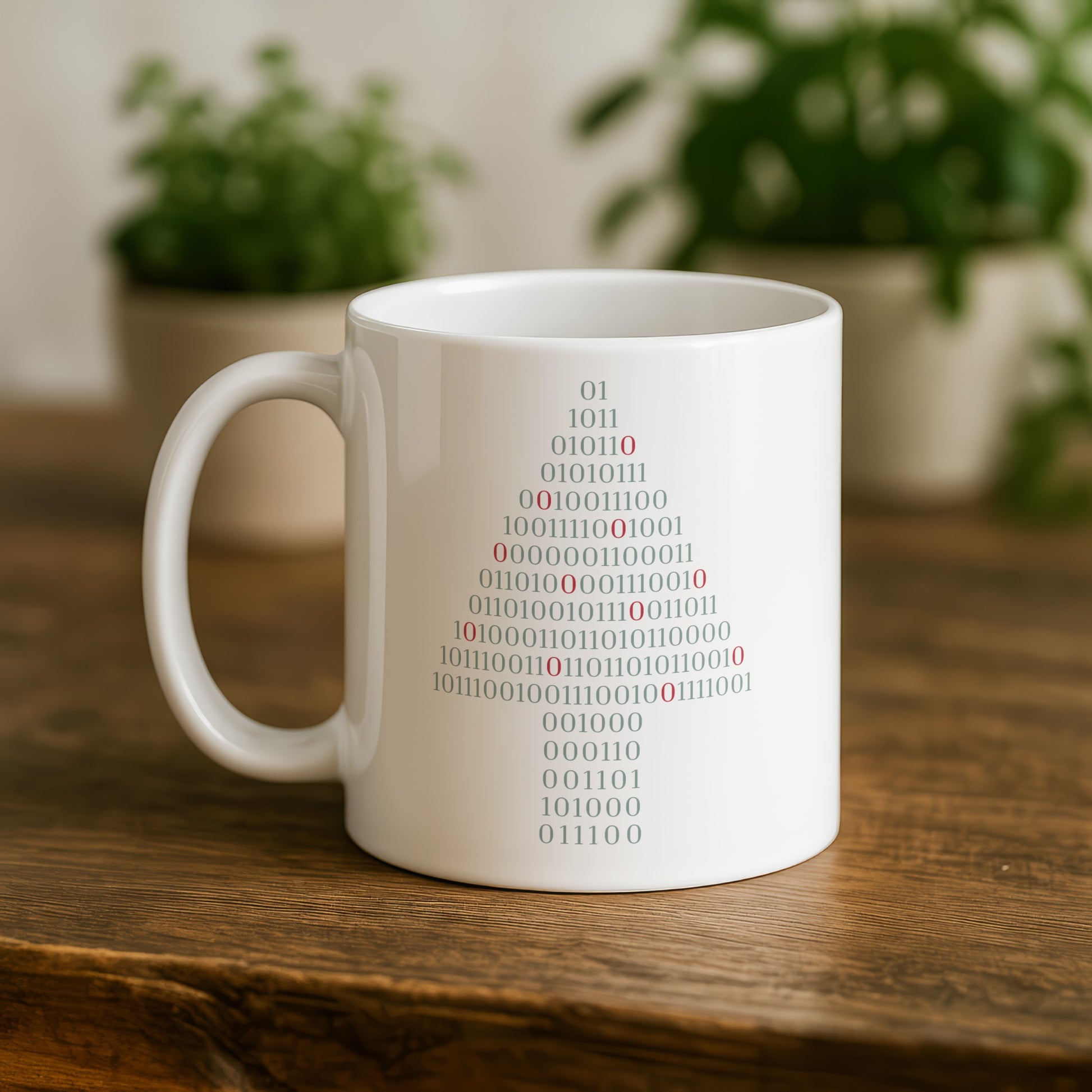 Binary Code Christmas Tree Design on White Mug