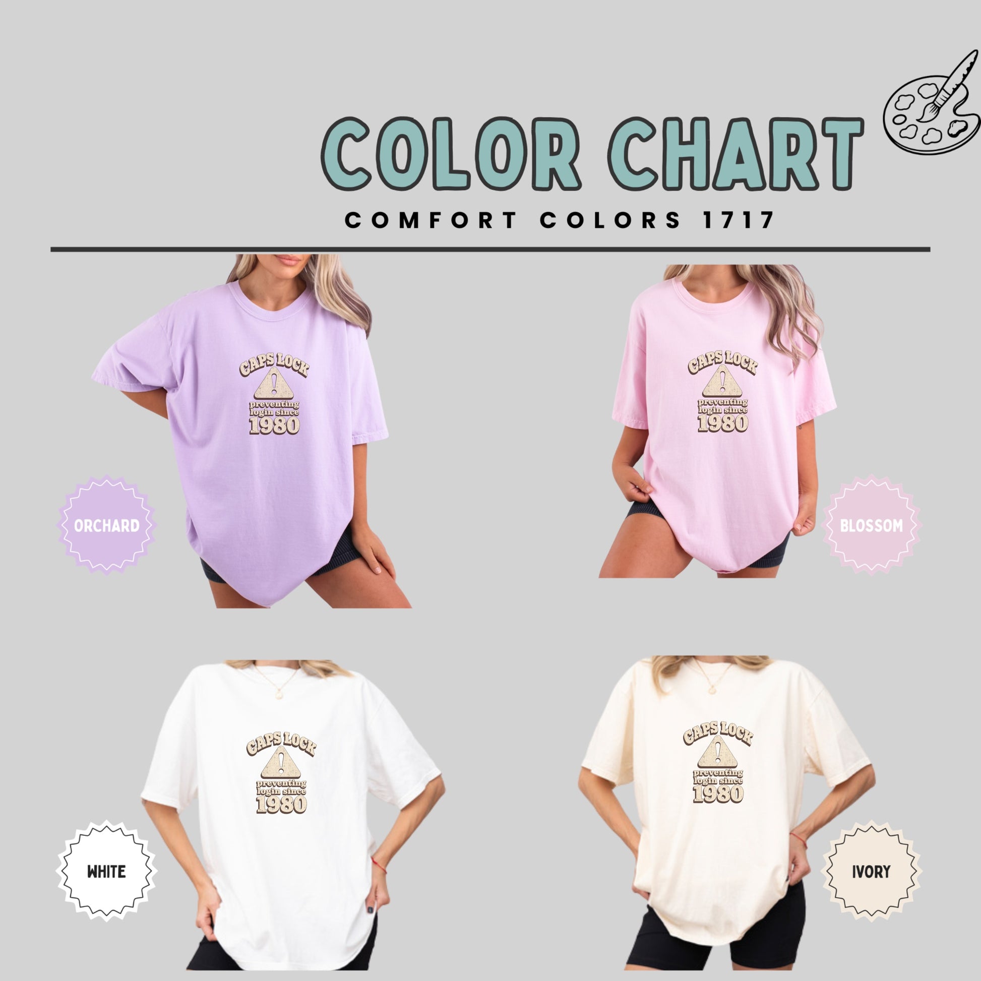 Four t-shirts in pastel colors: Orchard, Blossom, White, and Ivory.