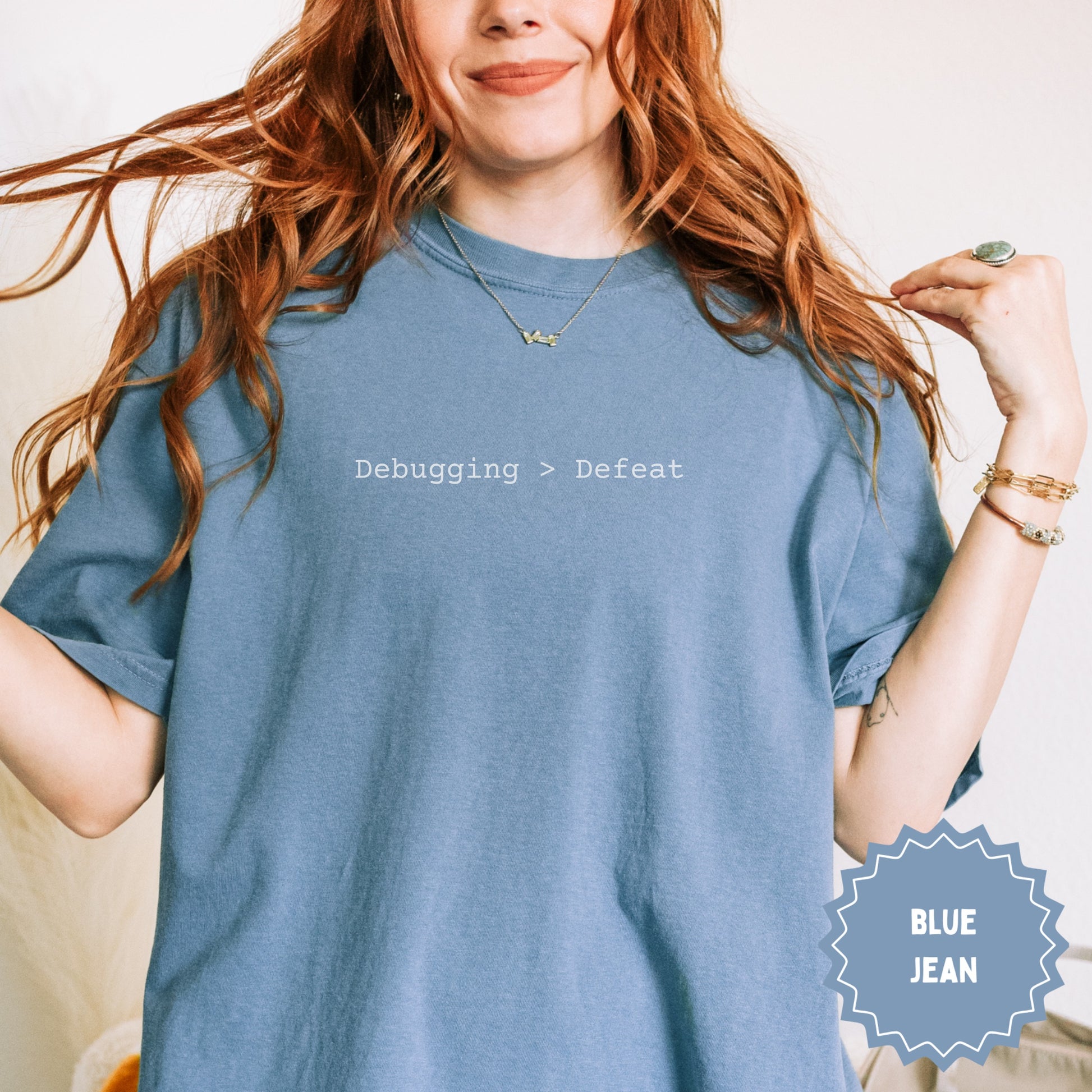 Debugging Greater Than Defeat Blue Jean T-Shirt