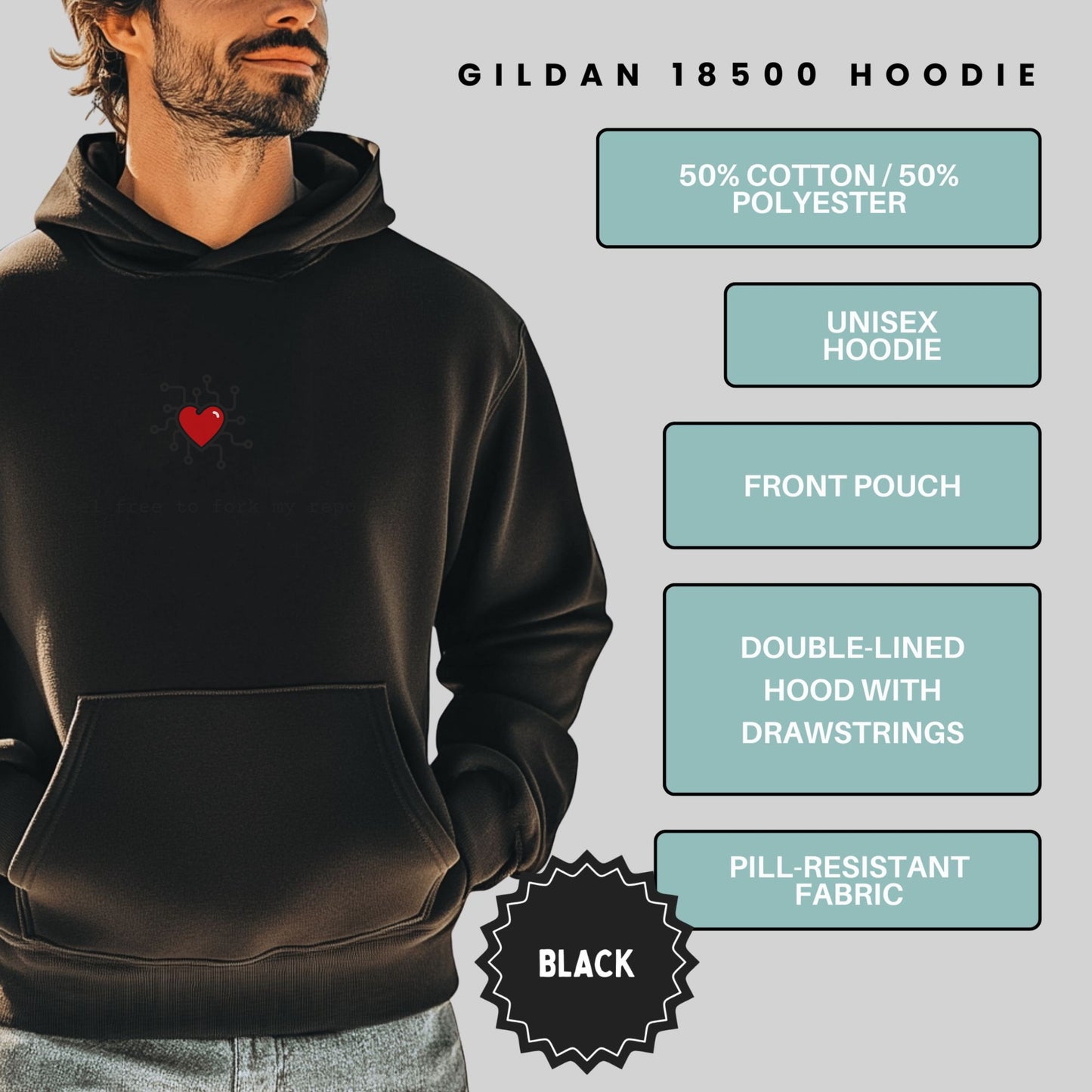 Gildan 18500 Black Hoodie with Front Pouch Unisex Hoodie