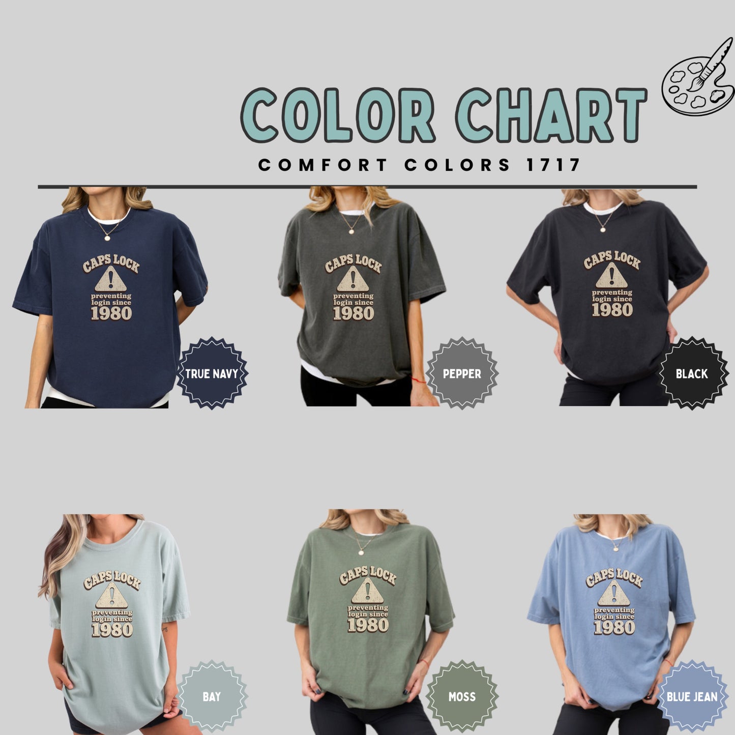Comfort Colors 1717 t-shirt color chart showing True Navy, Pepper, Black, Bay, Moss, and Blue Jean.