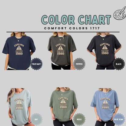 Comfort Colors 1717 t-shirt color chart showing True Navy, Pepper, Black, Bay, Moss, and Blue Jean.