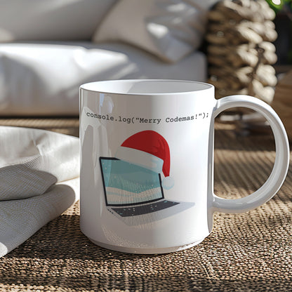 'Merry Codemas Holiday Mug with Laptop and Santa Hat Image'