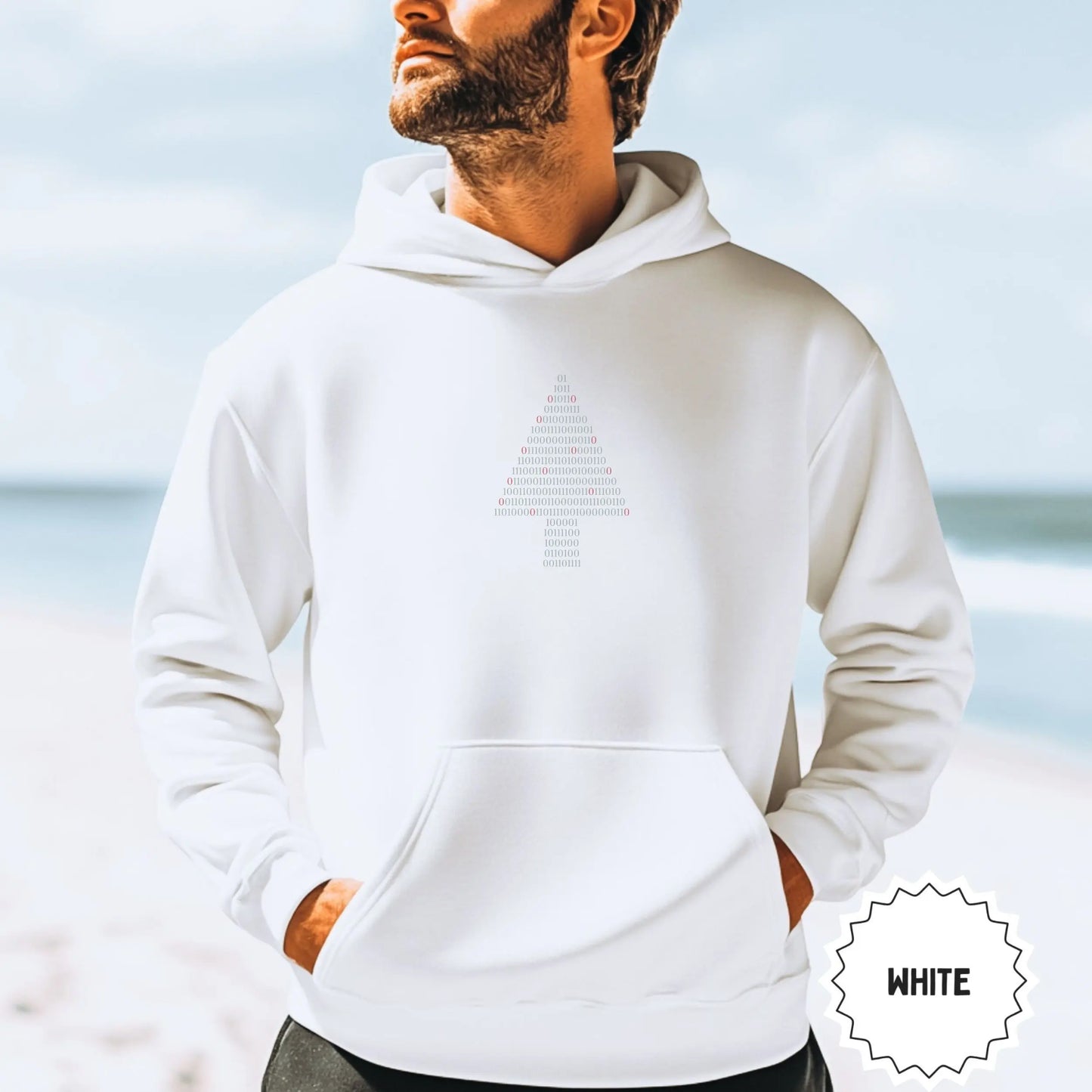 White Hoodie with Binary Tree Graphic for Comfortable Wear