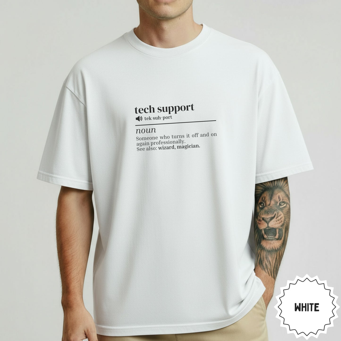 White t-shirt with "tech support" definition graphic.