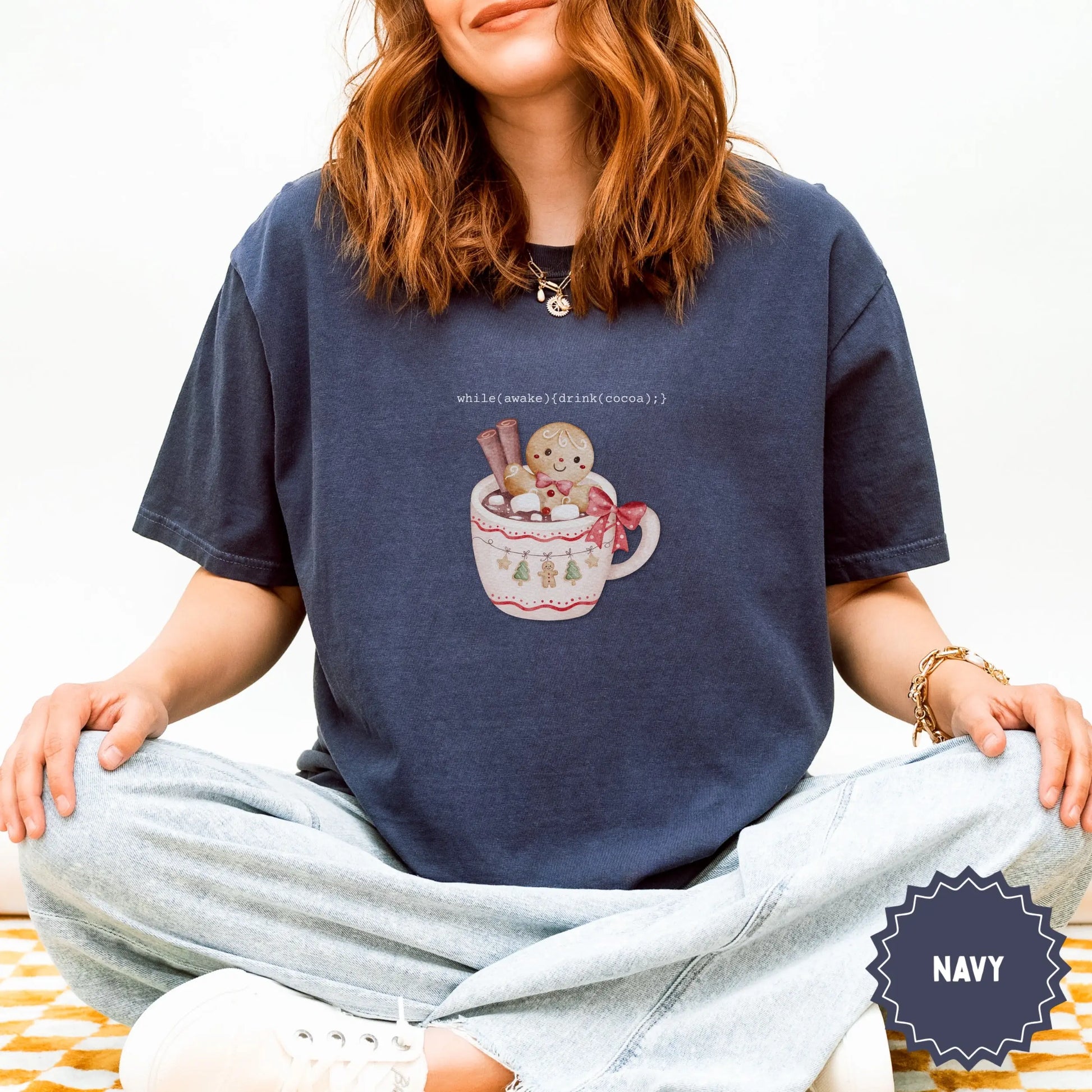 Cute Gingerbread Cocoa Mug Printed Navy T-shirt