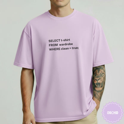 Light purple t-shirt with "SELECT t-shirt FROM wardrobe WHERE clean = true;" text.
