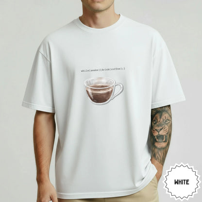 White T-Shirt with Coffee Cup and Code Design