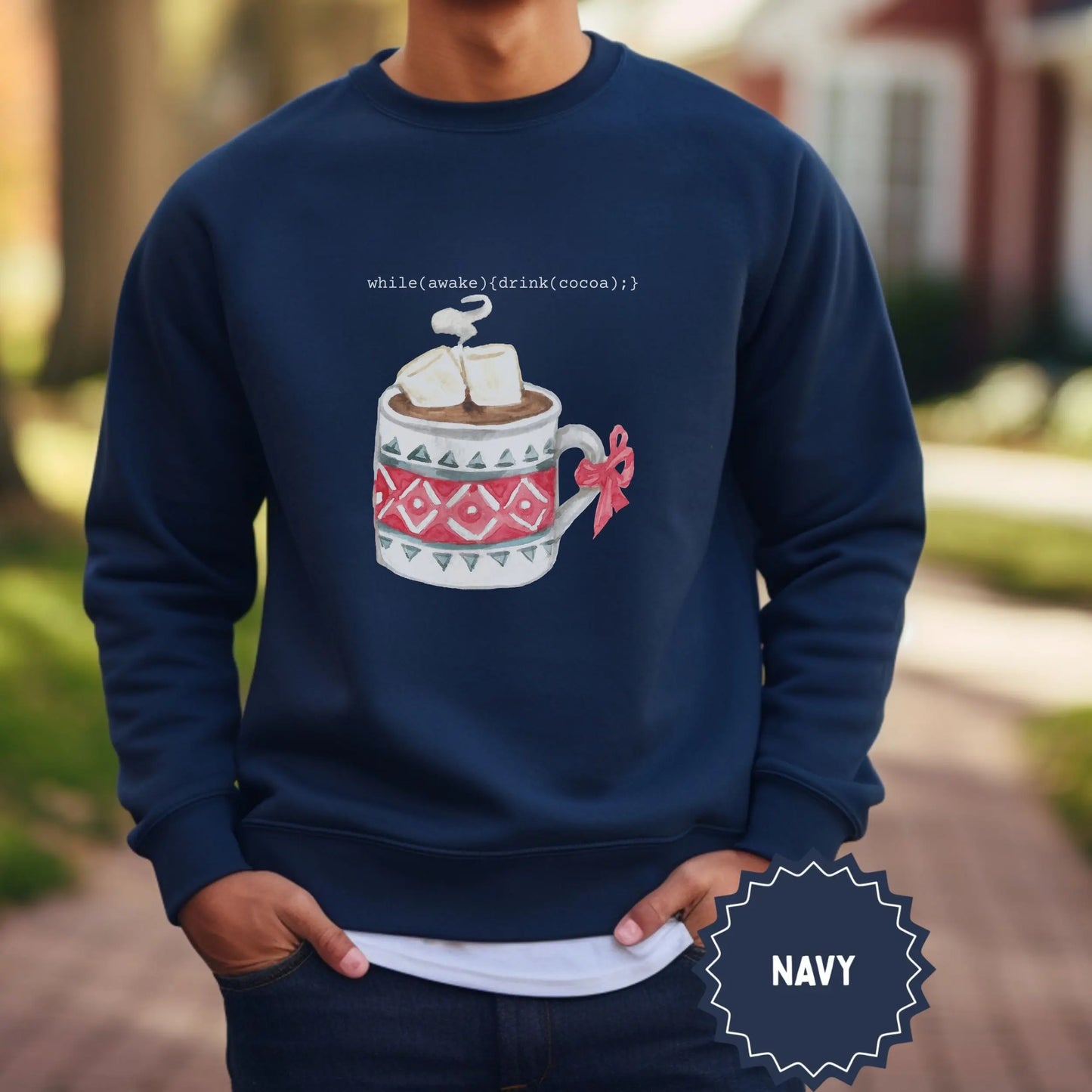 Cozy Holiday Cocoa Mug Graphic Navy Sweatshirt Product