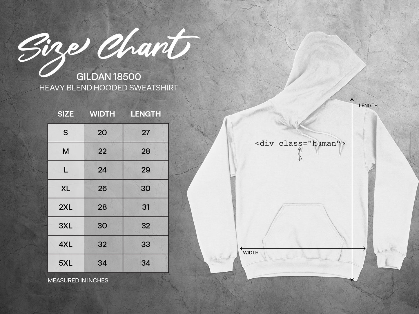 Size Chart Gildan 18500 Heavy Blend Hooded Sweatshirt