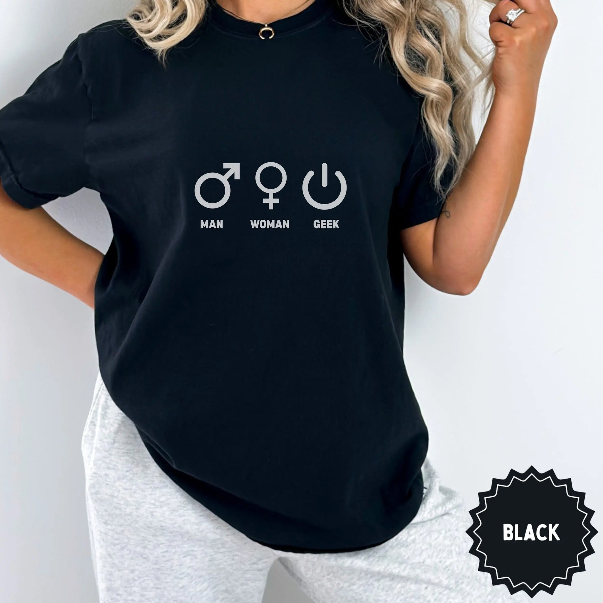 Man Woman Geek Symbol Print Black Shirt