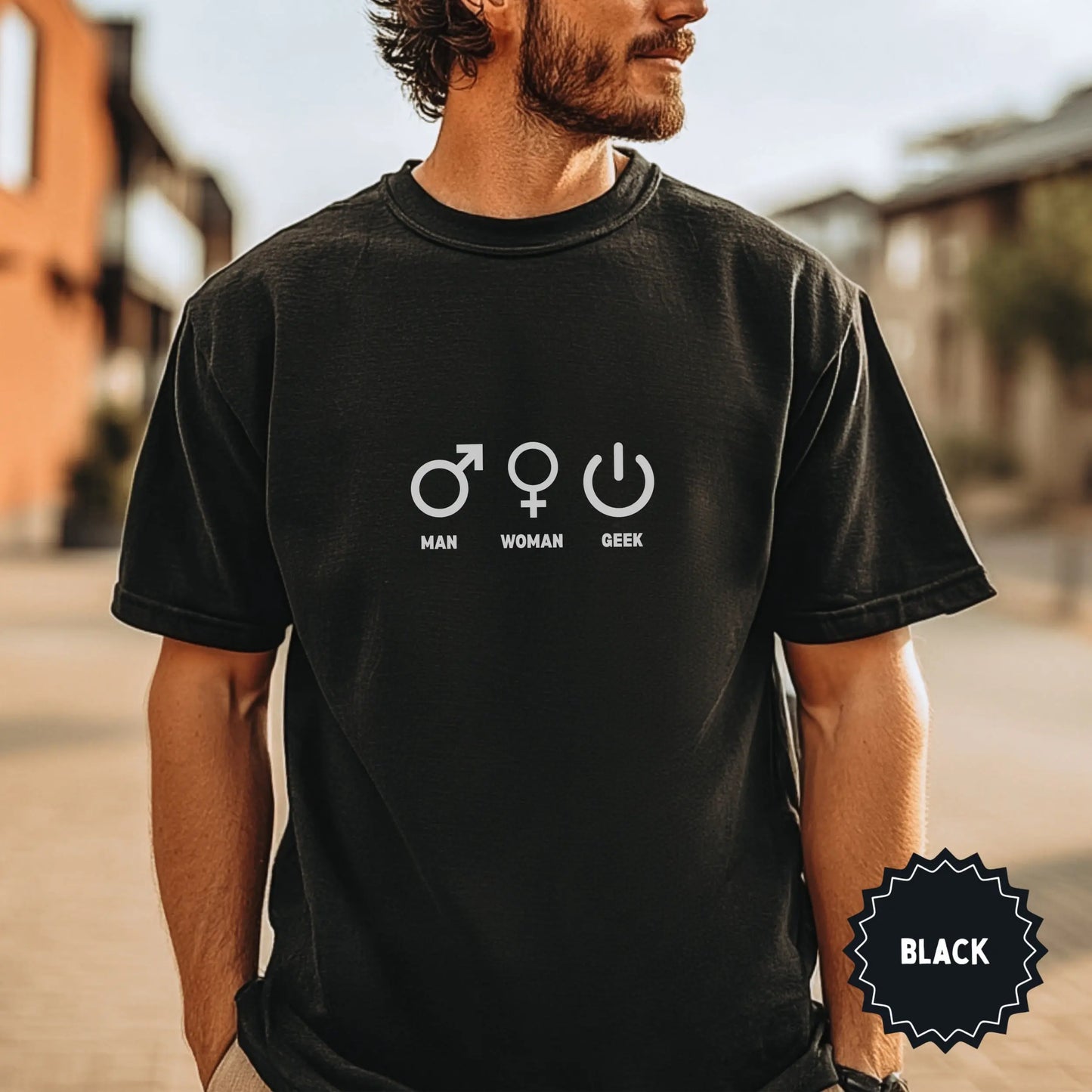 Geek Man Woman Symbols Graphic Black T-shirt