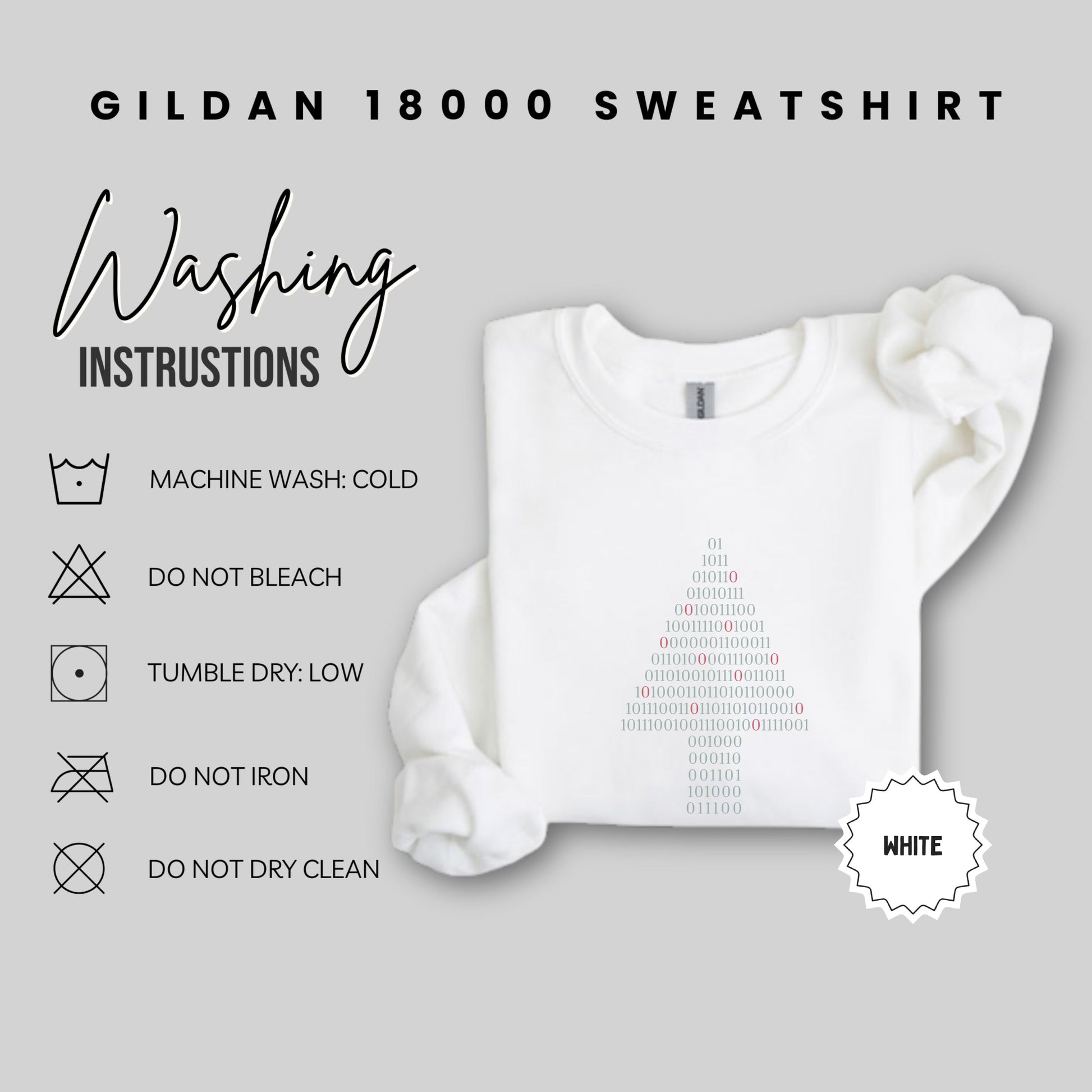 Gildan 18000 White Sweatshirt With Washing Instructions